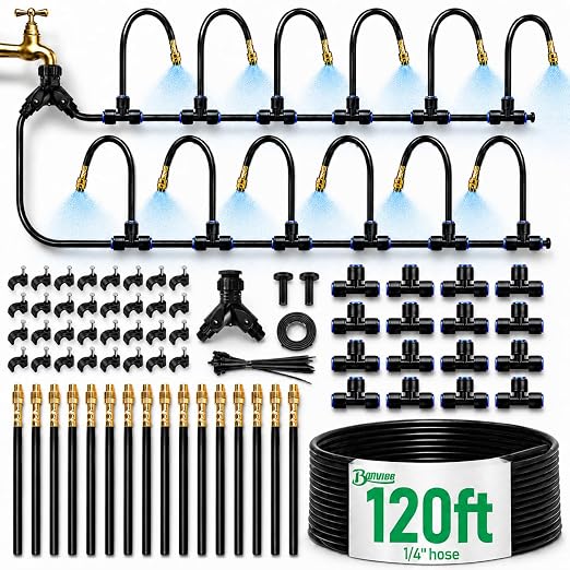 120Ft 1/4" Drip Irrigation System, 360° Adjustable Brass Nozzles, Save 80% Watering Garden Kit, DIY Tool-Free Quick Connect Sprinklers for Outdoor Plants, Landscape, Raised & Flower Beds, Greenhouse
