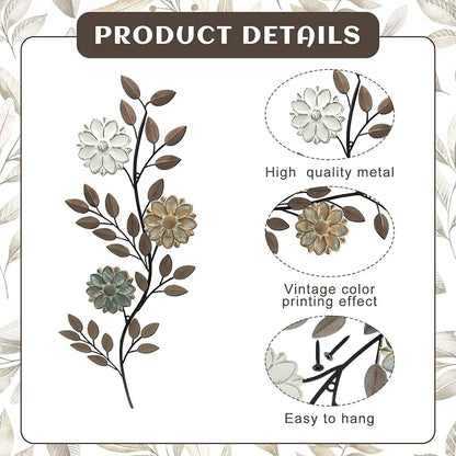 MorningRo 2 Pcs Metal Flower Leaves Wall Art Spring Wall Decor Living Room, 15.75 Inch Vintage Rustic Branch Leaf Wrought Iron Scroll Art Decor for Summer Bedroom Indoor Outdoor Decorations(Brown)