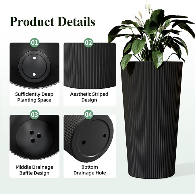 24" Black Outdoor Planter Set of 2, Tall Planters for Outdoor Plants with Drainage Hole, Large Flower Pots for Indoor Plants, Front Porch Decor/Patio, Plastic Striped