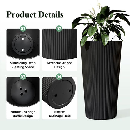 24" Black Outdoor Planter Set of 2, Tall Planters for Outdoor Plants with Drainage Hole, Large Flower Pots for Indoor Plants, Front Porch Decor/Patio, Plastic Striped