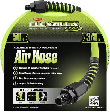 Flexzilla Open Face Retractable Air Hose Reel, 3/8 in. x 50 ft., Heavy Duty, Lightweight, Hybrid, ZillaGreen - L8611FZ & Pro Air Hose, 3/8 in. x 50 ft, Heavy Duty, Lightweight, Hybrid, ZillaGreen