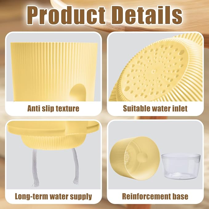 3 Pack Self Watering Planter Pots for Indoor Plants - 5.5 Inch African Violet Pots with Wick Rope - Yellow