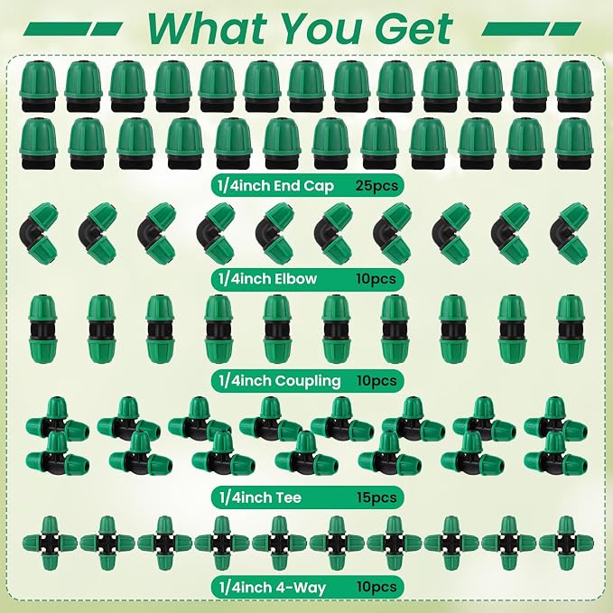 70 Pcs 1/4 Inch Drip Irrigation Fittings Kit,Drip Irrigation Hose Connector for 1/4 Inch Drip Tubing with 25 End Plugs, 15 Tees,10 Straight Couplings,10 Elbows,10 Cross 4-Way Connector