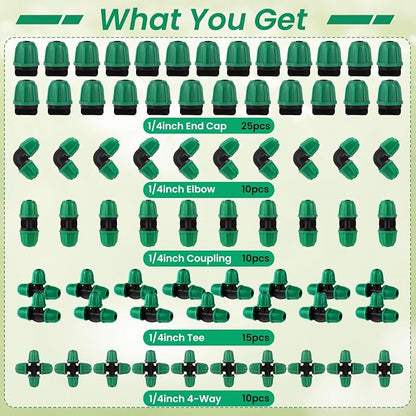 70 Pcs 1/4 Inch Drip Irrigation Fittings Kit,Drip Irrigation Hose Connector for 1/4 Inch Drip Tubing with 25 End Plugs, 15 Tees,10 Straight Couplings,10 Elbows,10 Cross 4-Way Connector