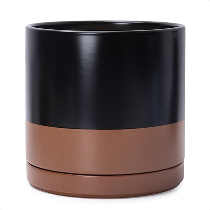 D'vine Dev 12 Inch Ceramic Planter Pot with Drainage Hole and Saucer, Indoor Cylinder Round Planter Pot, Black/Speckled Tan, 94-O-F-7
