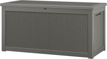 NUNU LAB Outdoor Storage Box, 320 Gallon Deck Box, Resin Waterproof Outside Storage Bench, Outdoor Storage Cabinet With Lockable Lid, Backyard Deck Box For Garden Tools, Patio Cushions, Grey