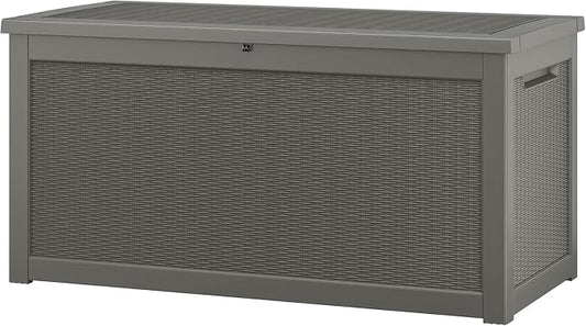 NUNU LAB Outdoor Storage Box, 320 Gallon Deck Box, Resin Waterproof Outside Storage Bench, Outdoor Storage Cabinet With Lockable Lid, Backyard Deck Box For Garden Tools, Patio Cushions, Grey
