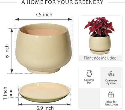 7.5 Inch Ceramic Planter with Saucer,Modern Garden Pots with Drainage Hole Mesh Net, for Indoor Outdoor Use(Pink Yellow)