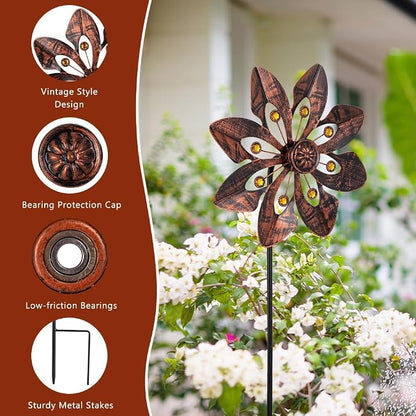 VEWOGARDEN 2 Pack Wind Spinners Outdoor, Metal Wind Spinner with Flower Design for Yard Garden Lawn Decorations, Antique Bronze