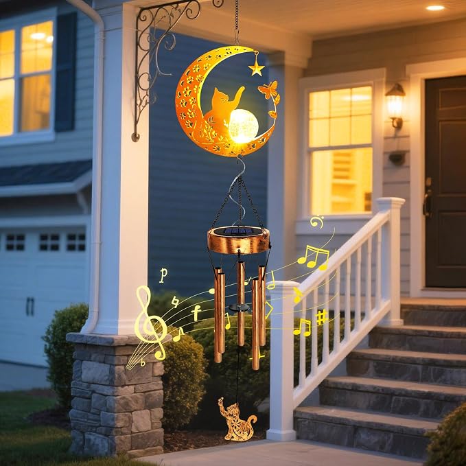 2Pack Solar Moon Cat Wind Chimes, Cat Lover Gifts for Mom Women Men Birthday Mothers Day, Hanging Outdoor Decor Cracked Glass Ball Memorial Large Wind Chimes for Garden Yard Patio Porch