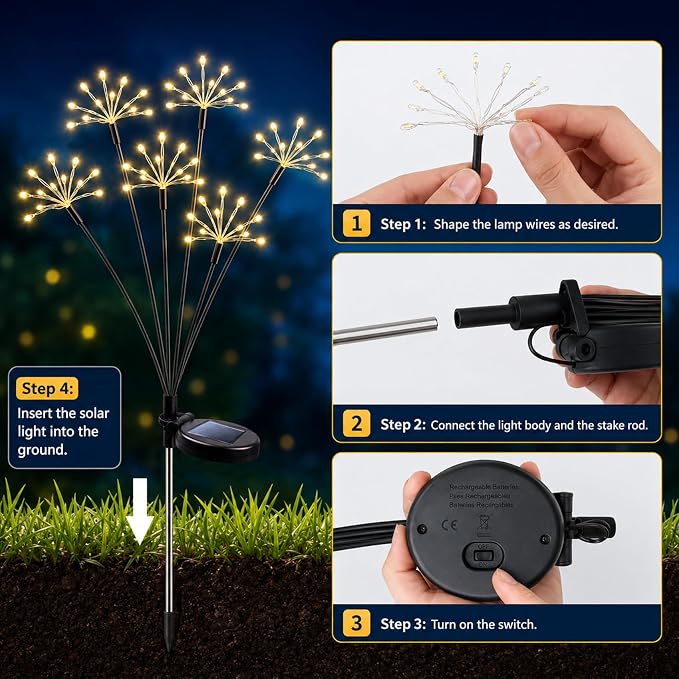 JJGoo Solar Garden Lights, New Upgraded 2 Pack Solar Swaying Starburst Light, Waterproof Fireworks Outdoor Lights, Yard Patio Pathway Decoration, Warm White