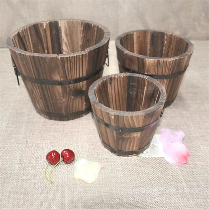 Healeved Wooden Round Barrel Flower Pot Planter with Breathable Bottom Hole for Home Office Garden Decor 7.08X5.9 Inches