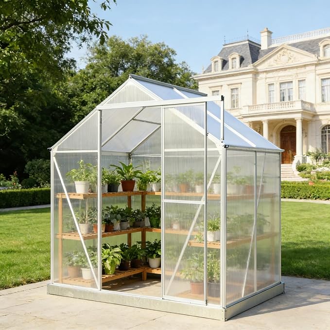 6x4 FT Greenhouse, Walk-in Polycarbonate Greenhouse, Heavy Duty Aluminum Outdoor Green House Kit with Sliding Door, Roof Vent, Rain Gutter for Backyard Garden All Season Growing, Sliver