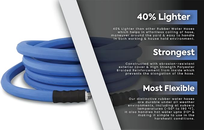 AG-LITE BSAL5810 5/8" x 10' Hot/Cold Water Rubber Garden Hose, 100% Rubber, Ultra-Light, Super Strong, 500 PSI, 50F to 190F Degrees, High Strength Polyester Braided