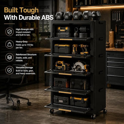 Foldable Storage Cabinet with Doors & Locking Wheels, 5-Tier Large-Capacity Organizer, No-Tool Setup, Impact-Resistant ABS Construction for Dorm, Pantry, Laundry, and Living Spaces