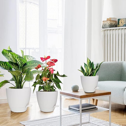 Vanslogreen Planters for Indoor Plants, 8/7/6.5/6/5.5/5 Inch Self Watering Planters with Drainage Hole, Plastic Planters Flower Pots for Indoor Outdoor Plants (Matte White)