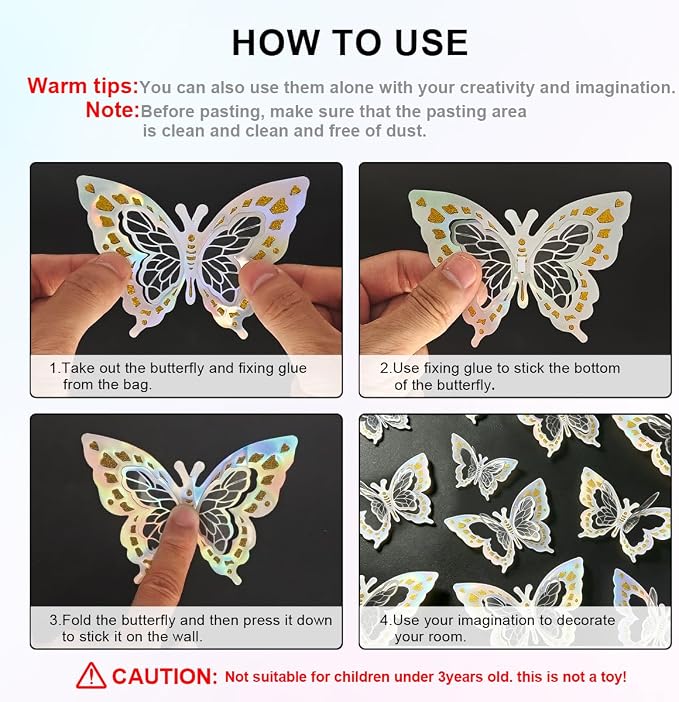 Butterfly Wall Stickers - 60pcs 3D Butterflies Removable Mural Wall Decals for Indoor Home Room Bedroom Decorations (Sliver)