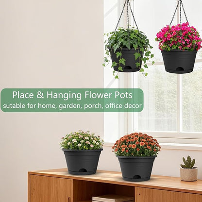 Nooulap 6 Pack Hanging Planters, 10 Inch Hanging Pots, Black | Plastic Hanging Plant Pot, Outdoor Indoor Use, with 40cm Chains and Drainage Trays, Hanging & Place Flower Pots