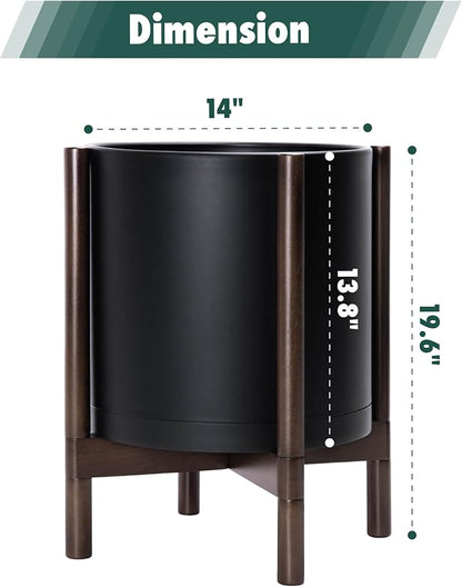 D'vine Dev Plastic Pot with Walnut Wood Stand, Black, 14 in, 55-C-R-2 | Mid-Century Inspired Design, Elevated Plant Display, Clean Lines, Sturdy Support, Modern Space-Saving Style