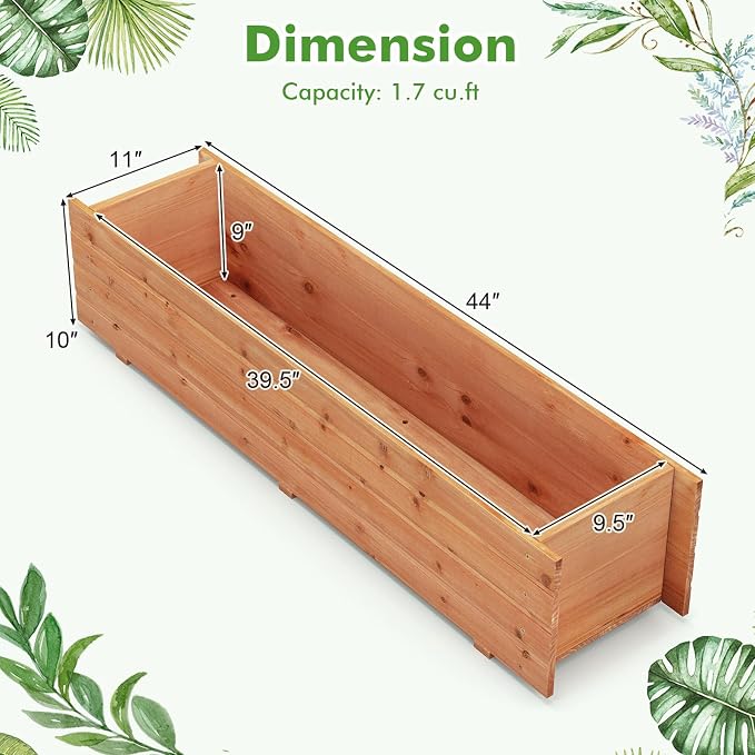 Raised Garden Bed, 44” x 11” x 10” Wooden Flower Bed with 2 Drainage Holes & Removable Bottom, Long Narrow Decorative Garden Bed, Planter Box Outdoor for Vegetables Flowers Fruits Herbs