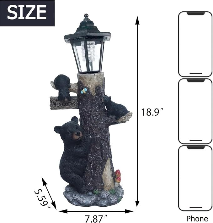 Solar Black Bear Family Garden Statue with Welcome Sign – 19" Hand-Painted Resin Bear Cubs Climbing Tree, Auto On/Off LED Light, Outdoor Yard Lawn Patio Decor, Housewarming Christmas Birthday Gift