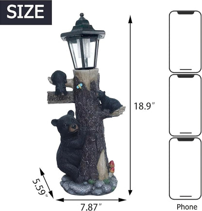 Solar Black Bear Family Garden Statue with Welcome Sign – 19" Hand-Painted Resin Bear Cubs Climbing Tree, Auto On/Off LED Light, Outdoor Yard Lawn Patio Decor, Housewarming Christmas Birthday Gift