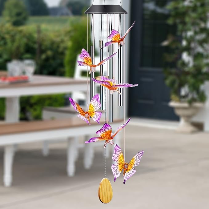 DesGully Wind Chimes, Butterfly Solar Wind Chimes with Aluminum Tubes/Wind Chimes for Outside Color Changing (Gifts for mom/Gift for Grandmom/Gift for Women) Thanksgiving Gift Butterfly Gift