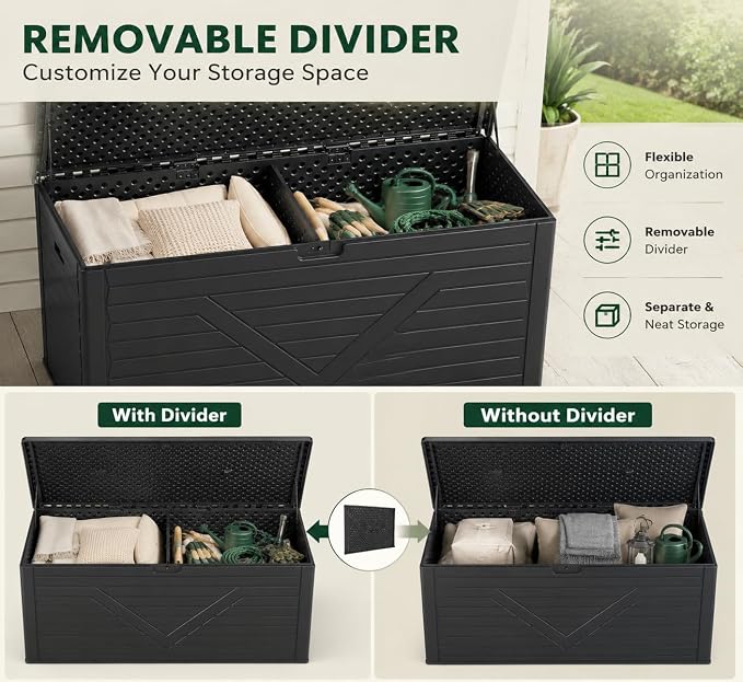 260 Gallon Outdoor Storage Box, Waterproof Resin Double-Wall Deck Box Organizer with Removable Dividers for Patio Cushion Storage, Lockable Outside Container for Garden Tools