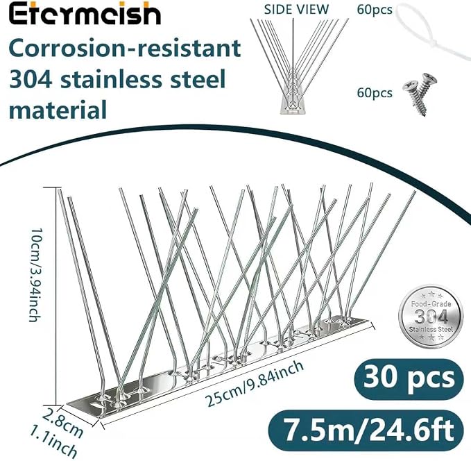 Stainless Steel Bird Spikes for Pigeons,Pre-Assembled,Anti Bird Deterrent Spikes for Woodpeckers, Squirrels, Raccoons，Weatherproof Fence Spikes for Roof, Railing,Patio, 24.6 Feet