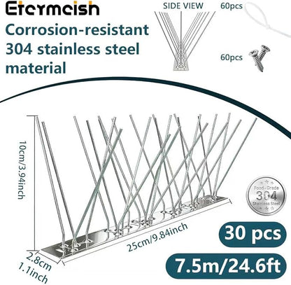 Stainless Steel Bird Spikes for Pigeons,Pre-Assembled,Anti Bird Deterrent Spikes for Woodpeckers, Squirrels, Raccoons，Weatherproof Fence Spikes for Roof, Railing,Patio, 24.6 Feet