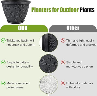 Nooulap 4 Pack 16 Inch Large Plant Pot for Outdoor, Plastic Flower Pot Indoor with Drainage Hole & Saucer, Modern Decorative Garden Pot, Imitation Magnolia Garden Pots for House Planters（Gray）