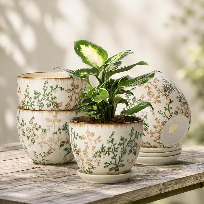 Retro Ceramic Garden Pots, 5.8 Inch Plant Pots with Drainage and Attached Saucer Set of 4, Chinoiserie Floral Large Flower Pots for Home Decor, Plant Lover Gifts, White Green