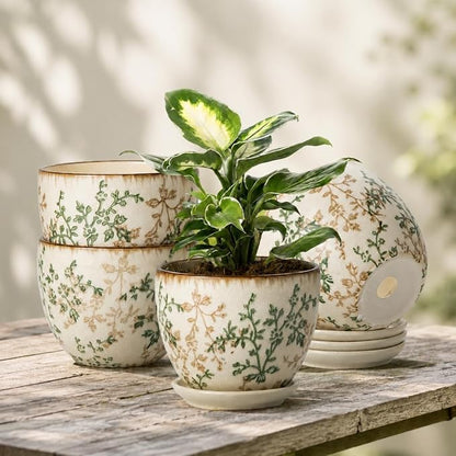 Retro Ceramic Garden Pots, 5.8 Inch Plant Pots with Drainage and Attached Saucer Set of 4, Chinoiserie Floral Large Flower Pots for Home Decor, Plant Lover Gifts, White Green