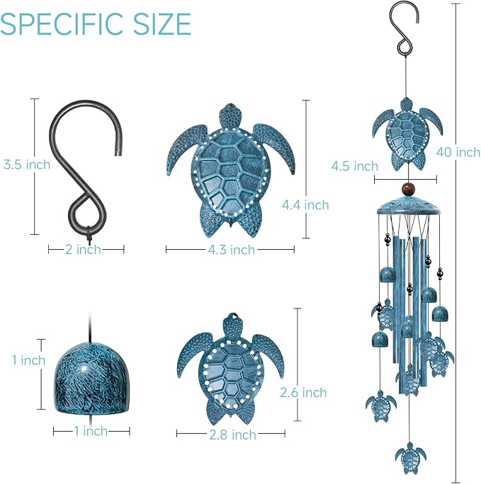 40" Sea Turtle Wind Chimes, Outdoor Aluminum Wind Chimes, Gift for Mom Grandma