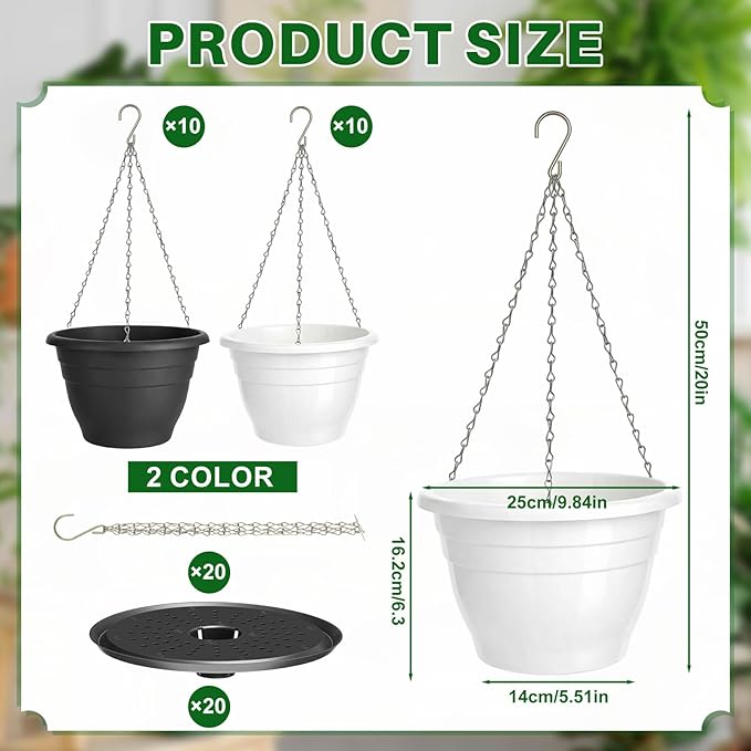 20 Pcs 10 Inch Plastic Hanging Planter Bulk Self Watering Hanging Baskets for Plants with Holes and Chain Plant Pot Outdoor Indoor Planter for Garden, Balcony, Porch, Patio Decor