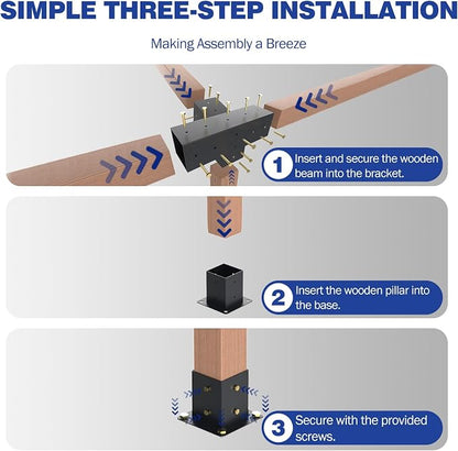Pergola Kit, 15° 4-Way Slanted Roof Pergola Bracket Set, PowderCoated Roof Wall Mount Pergola Brackets 4" x 4" (Actual: 3.5x3.5 Inch), Pergola Hardware for Porch Gazebo Backyard (3 pcs), Black