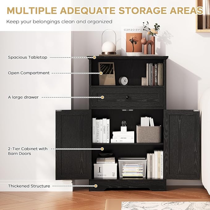 Floor Cabinet, Farmhouse Storage Cabinet with Barn Doors and Drawer, 11.81" D x 23.62" W x 39.37" H Black Freestanding Adjustable Shelf Organizer for Bathroom, Kitchen, Living Room
