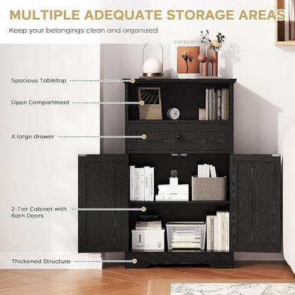Floor Cabinet, Farmhouse Storage Cabinet with Barn Doors and Drawer, 11.81" D x 23.62" W x 39.37" H Black Freestanding Adjustable Shelf Organizer for Bathroom, Kitchen, Living Room