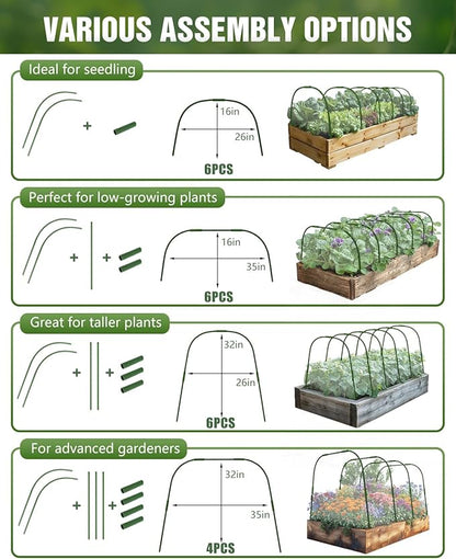 6 Sets Garden Hoops with 10x30 Ft Netting for Raised Beds, 18 Clips | 10x30 Ft Garden Net, Bird & Cicada Net for greenhouse, Vegetables, Trees, Garden crops, Plant cover, Frost guard, Shade cloth