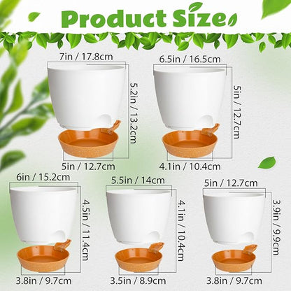 Remerry 15 Pcs 7/6.5/6/ 5.5/5 Inch Self Watering Planters with Drainage Hole Plant Pots Plastic Flower Pots Self Watering Pot and Saucer Reservoir for Garden Plant Flower (White)