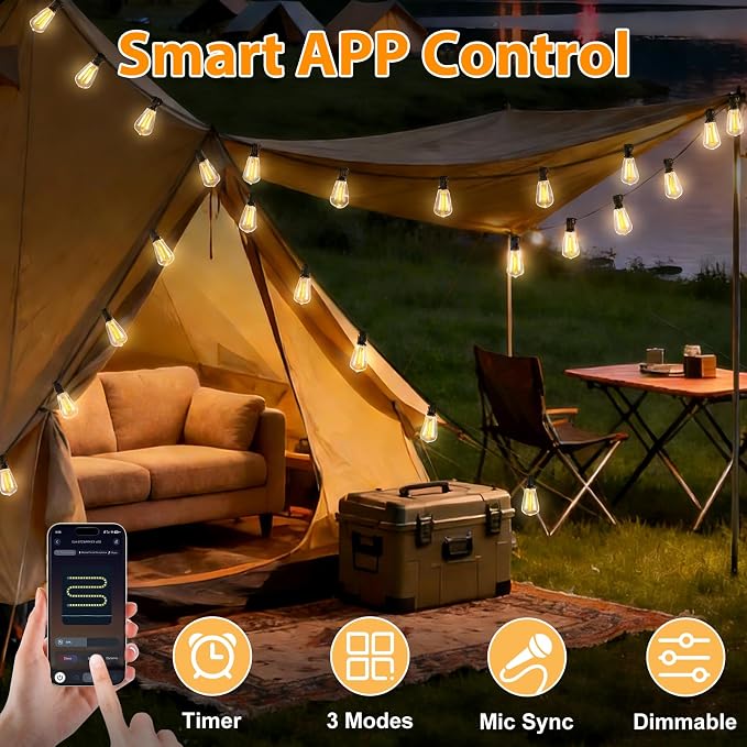 LumBelle Smart Outdoor String Lights, 50FT ST38 LED Patio Lights with Timer Remote APP Control, 22 Shatterproof LED Bulbs (2 Spare), Dimmable Waterproof Hanging Light for Backyard Porch Party Decor