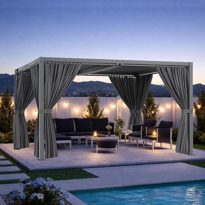Louvered Pergola 10'x13' Outdoor Pergola with Roof, Heavy Duty Aluminum Frame & Waterproof Curtains, Hardtop Gazebo with Adjustable Louvers for Patio, Deck and Backyard, Gray