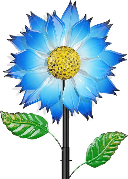Blue Flower Metal Wind Spinner, 63.4" Kinetic Large Wind Sculptures with 5 Prong Anti-Tip Ground Stake, All Weather Kinetic Yard Art Decor for Lawn Garden Patio Outside Ornament