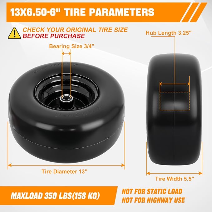 Yesker 13x6.50-6 Flat Free Lawn Mower Tire and Wheel Assembly with 3/4" Bearing Bore, 13x6.50-6nhs Solid Riding Lawnmower Tires with 3.25" Center Hub, 2 Pack