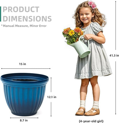 2-Pack 15" Gradient Blue Plastic Outdoor Flower Pots with 3D Texture | Set of 2 PP planters with faux ceramic look, 3D texture, drainage plugs, and UV-treated finish for patio or porch