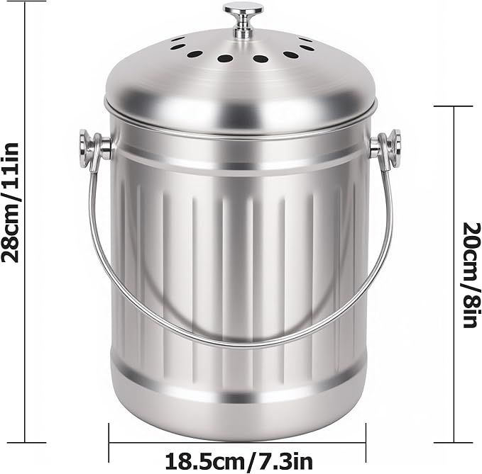1.3 Gallons 5L Brushed Stainless Steel Kitchen Countertop Undersink Indoor Odorless Composting Compost Bin Countertop Composter with Charcoal Filter Inside Lid Brushed