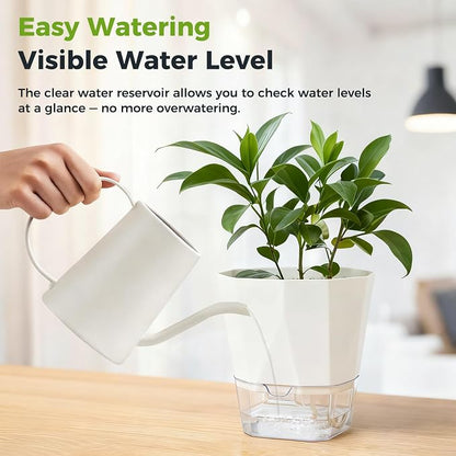 5 Pack Self Watering Pots for Indoor Plants, 5/6.7/8.4 Inches Self Watering Planters African Violet Self Watering Clear Pots for Plants Herb Orchid Flower Houseplant Pots, White