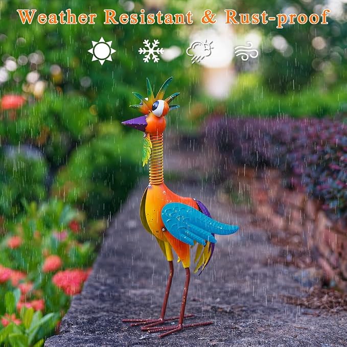 Metal Wacky Rooster Garden Statue for, Patio, Backyard, Lawn | 18'' Rooster Decor, Yard Statue Decorations Outdoor, Chicken Yard Art, Orange