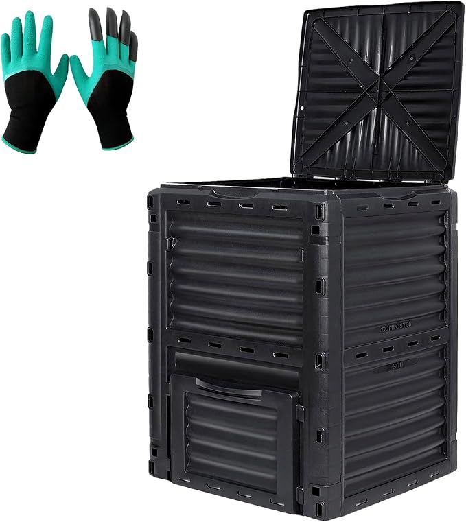 Compost Bin Outdoor, 80 Gallon Large Garden Composter, Black | Large 300L capacity with BPA-free construction, secure flip-latch lid, and easy assembly for garden, kitchen, and yard waste.