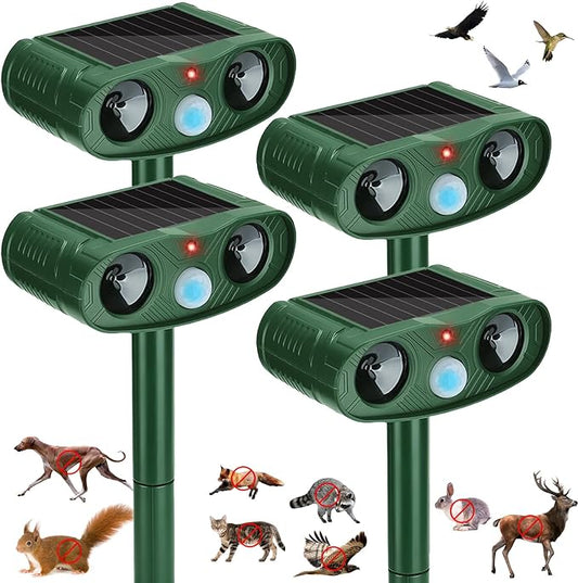 4Pack Solar Ultrasonic Animal Repeller Outdoor for Deer, Cats & Squirrels | Sonic Fortress Pro Deer Repellent, IP65 Motion Activated Cat Deterrent to Scare Rabbit Shunk for Garden Yard